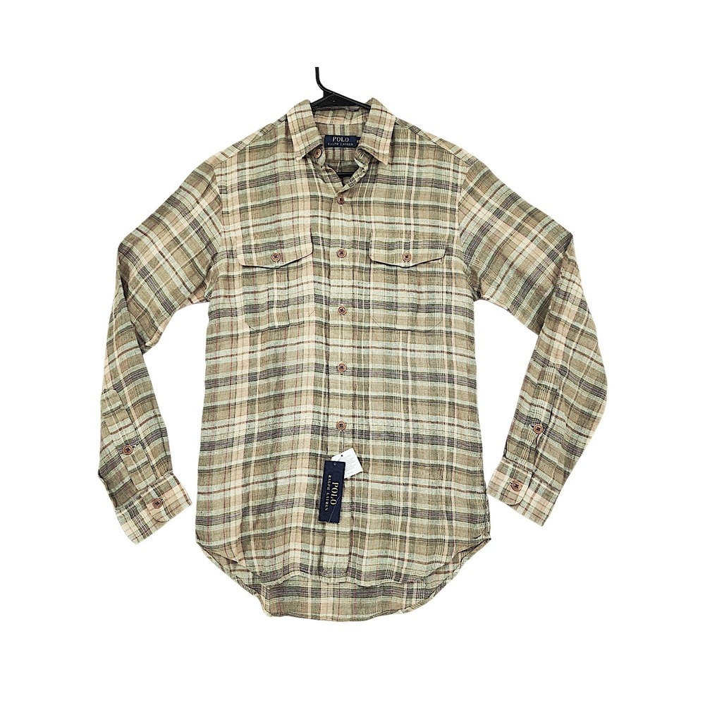 Polo Ralph Lauren Linen Button Down Shirt XS Men Fern Red Plaid Great Escape NEW